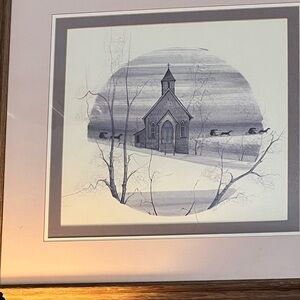 P. Buckley Moss Signed and Numbered Framed Gray and White Church Art Print